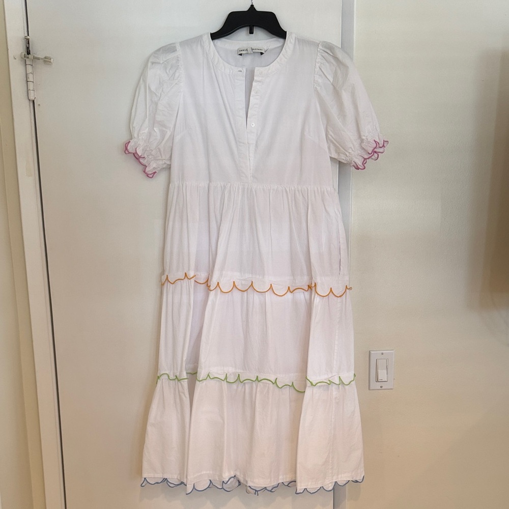 English Factory White Tiered Midi Dress with Multicolor Scallop Trim